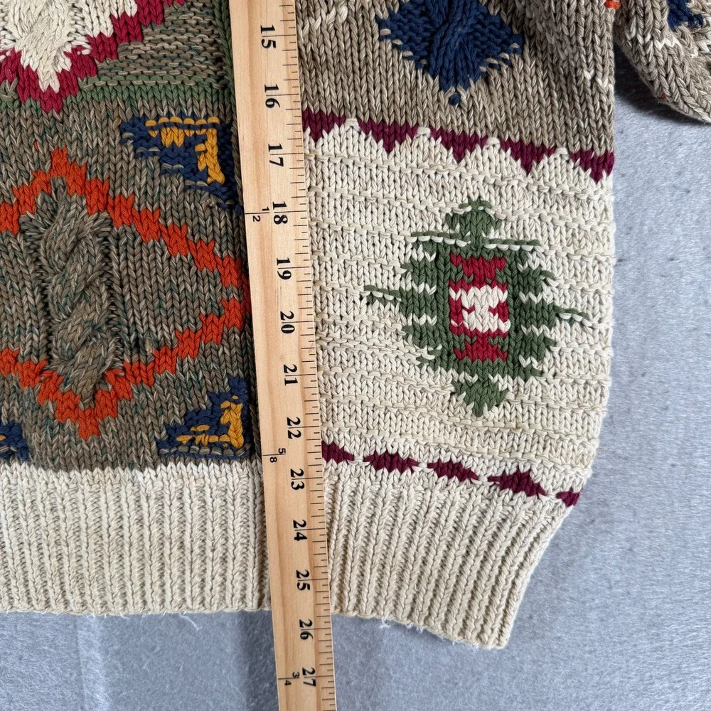 Vintage Boston Traders Hand Knit Cotton‎ Sweater Mens Medium Aztec Pattern